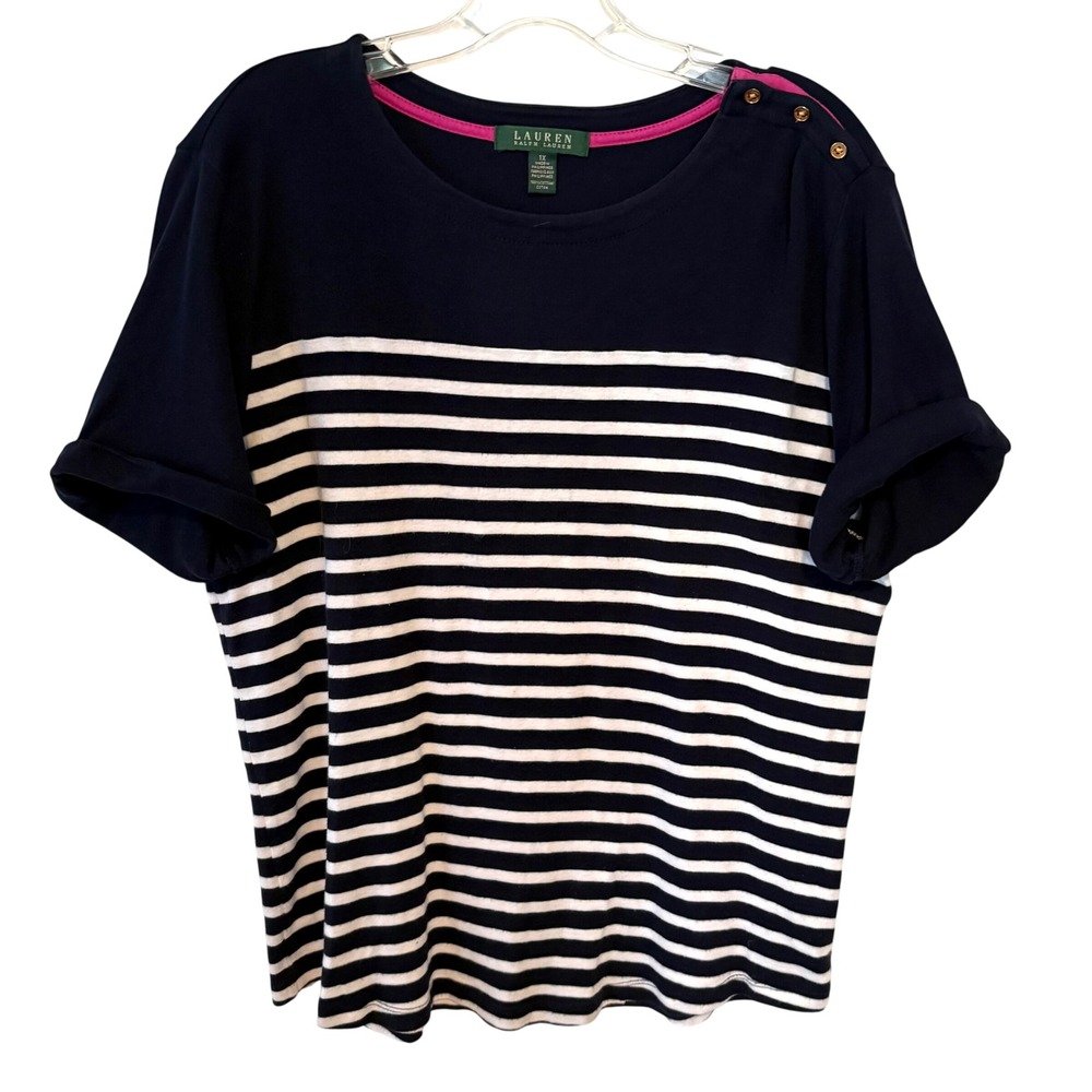 Lauren Ralph Lauren Women's Navy and White Cotton‎ Tee in Size L